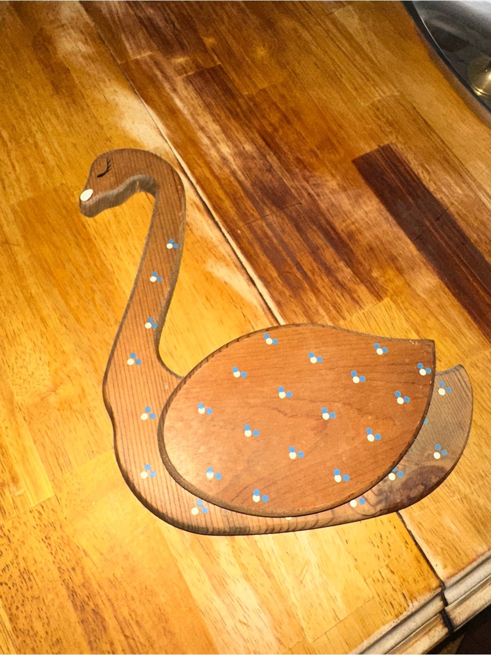Wooden Swan Decorative Wall Accent in Brown with Blue Dots